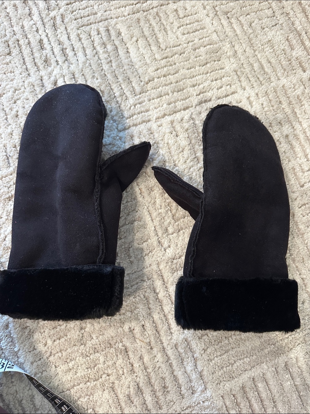 Talbots Black Faux Suede Mittens with Plush Cuff Trim and Inside
